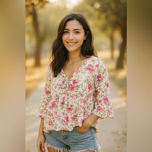 Jones New York Cream Relaxed Buttoned Blouse